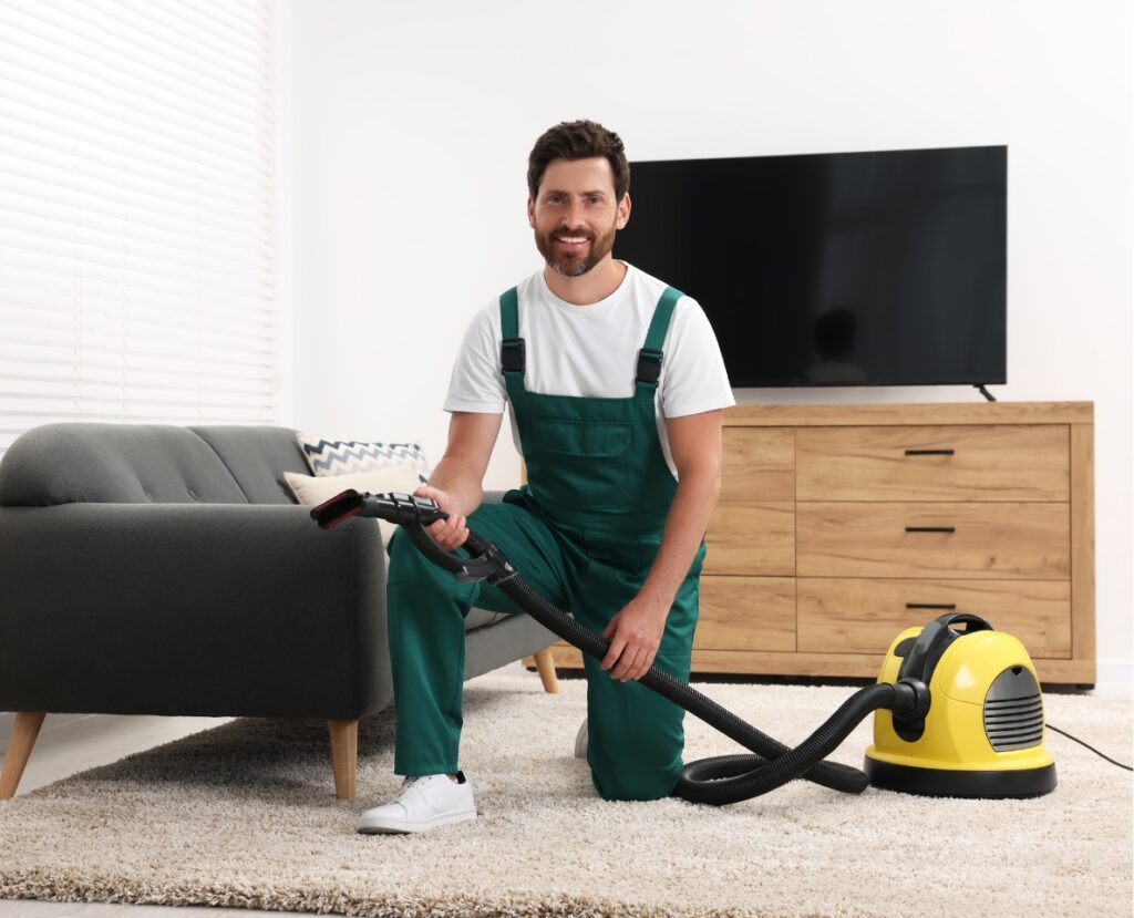 male cleaning carpet
